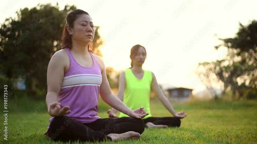 Two womans doing yoga in morning park Two womans doing yoga in morning park