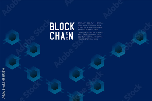 Blockchain technology 3D isometric virtual, system offline concept design illustration isolated on dark blue background and Blockchain Text with copy space, vector eps 10