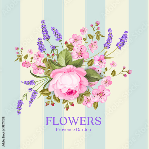 Flower garland for invitation card. Card template with blooming flowers and place for your text. Vintage postcard with blue tile background. Vector illustration.