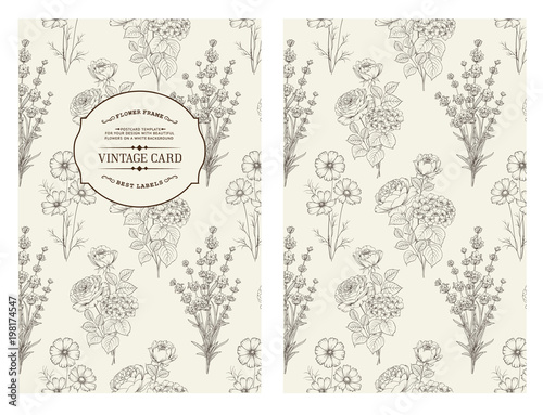 Book cover design. Wild flowers card. Vintage pattern of black lines over gray design. Vector illustration.