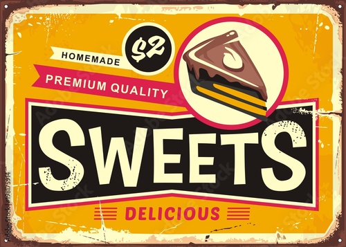 Sweets and cakes vintage tin sign layout for candy store. Retro poster vector decoration.