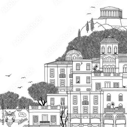 Hand drawn black and white illustration of Athens, Greece with empty space for text