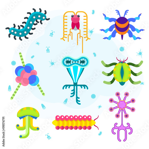 Simplest microorganisms. Science of studying bacteria and viruses. Flat vector cartoon illustration. Objects isolated on white background.
