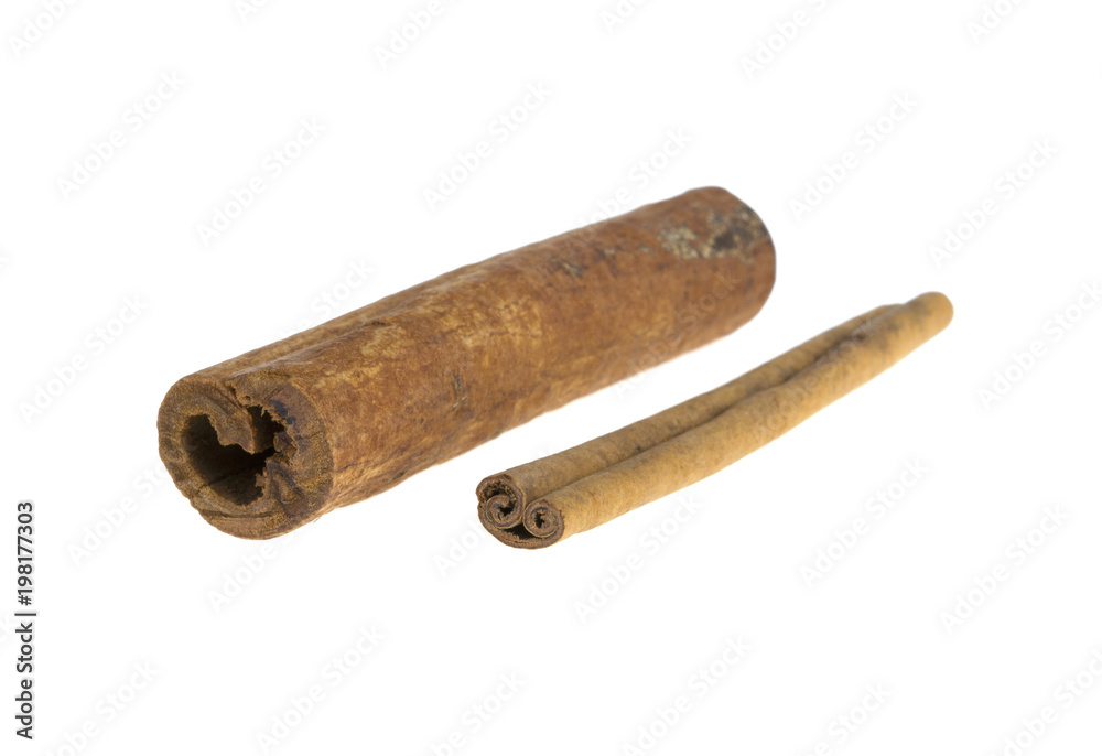 big and small stick of cinnamon on white background big and small stick of cinnamon on white background