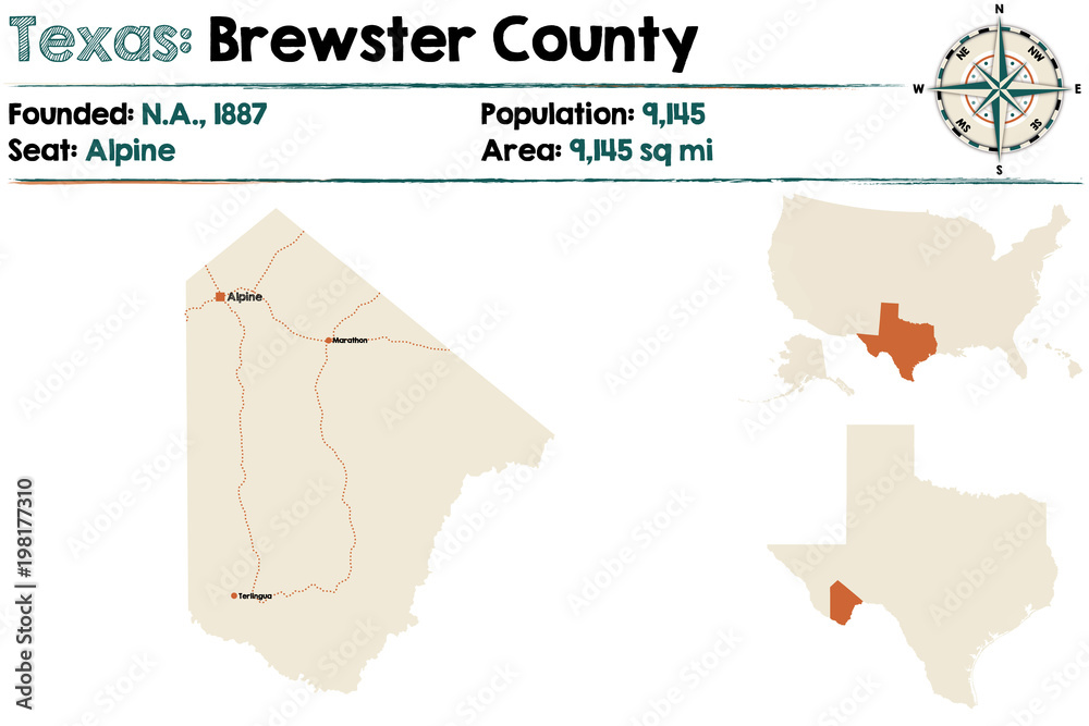 Detailed map of Brewster county in Texas, USA.