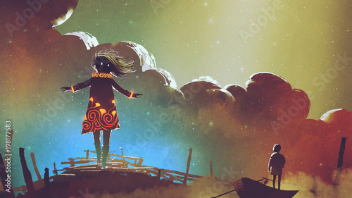 night scene of the boy on a boat looking at the witch against colorful sky, digital art style, illustration painting