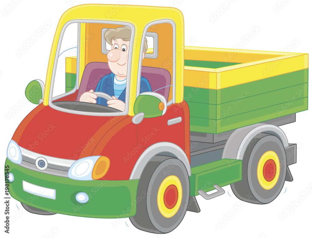 Trucker. Smiling man driving his small truck, a vector illustration in cartoon style

