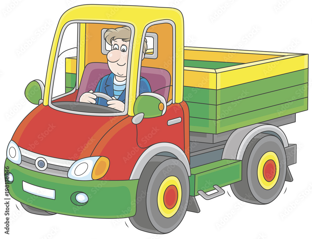 Trucker. Smiling man driving his small truck, a vector illustration in cartoon style Trucker. Smiling man driving his small truck, a vector illustration in cartoon style