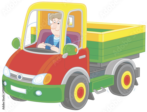 Trucker. Smiling man driving his small truck, a vector illustration in cartoon style

