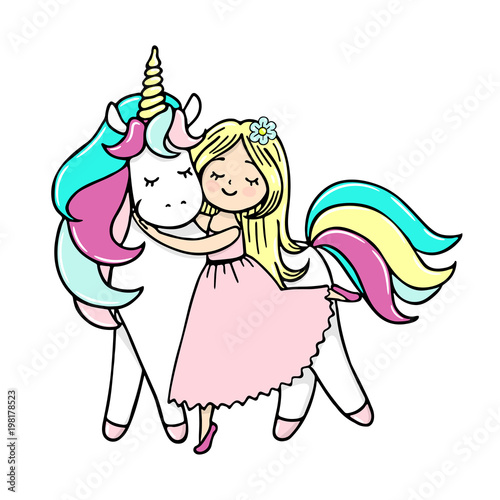 Hand drawn illustration of a magic unicorn with a girl. Vector isolated illustration