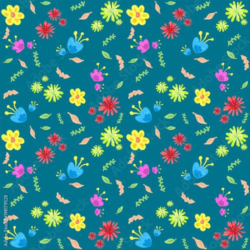 multi colored difference flowers on a blue background with a green leaves, seamless pattern, wall paper, hand drawn, retro style, vintage ornament, 