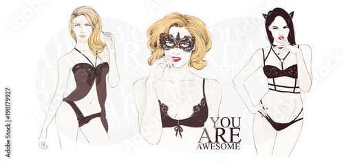 Beautiful blonde girls in dark underwear staing. Vector hand drawn illustration