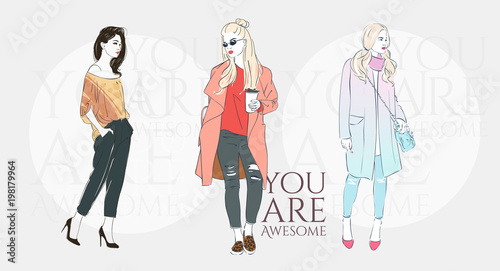 Beautiful hipster young woman with trend hairstyle in a fashion jacket, pants in glasses with coffee. Vector illustration.