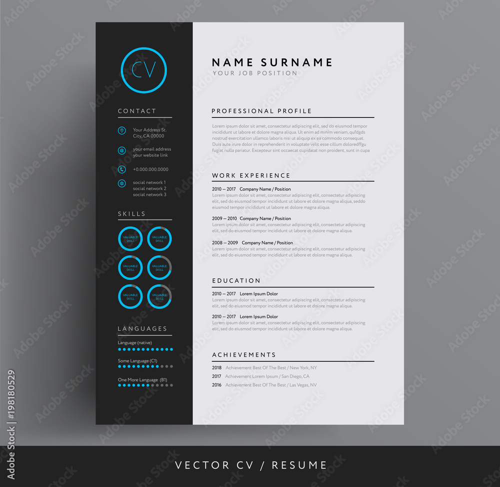Stylish CV / resume template - blue and dark gray backgound