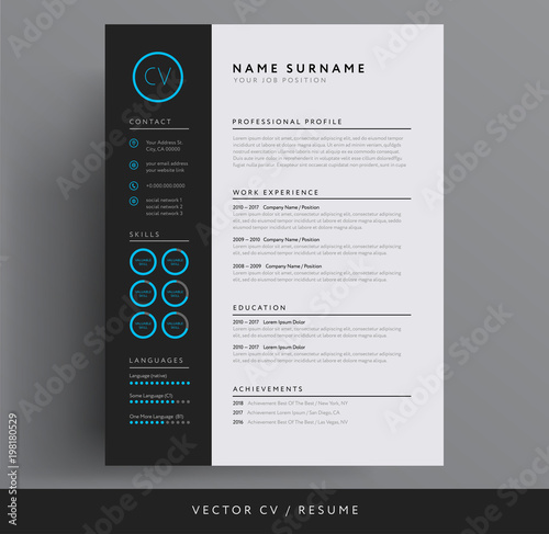 Stylish CV / resume template - blue and dark gray backgound photo