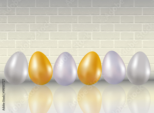 A six shining dyed in metallic gold, silve, platinum colors chicken eggs on white brick wall background with reflaction. Healthy food. Dietary meal. Easter symbol. Realistic 3d Vector illustration.