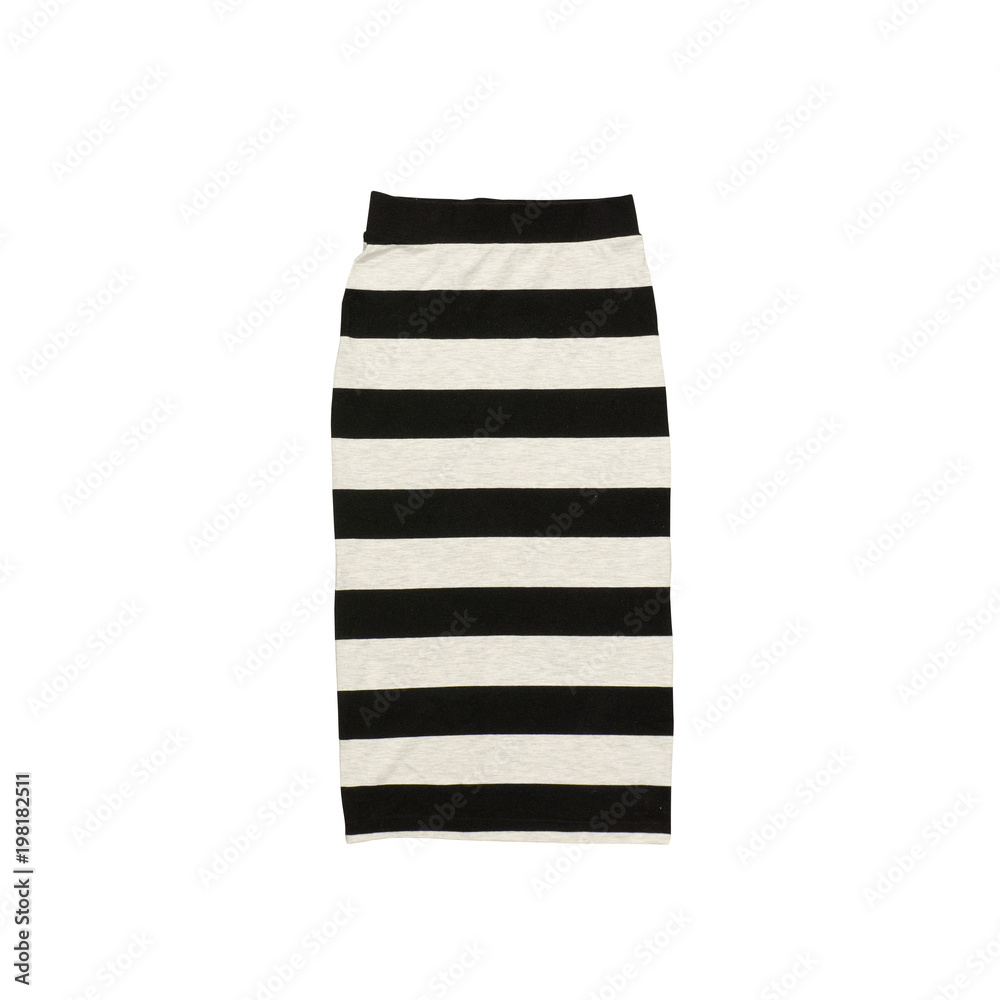 Striped skirt, black bag and white sneakers. Fashionable concept