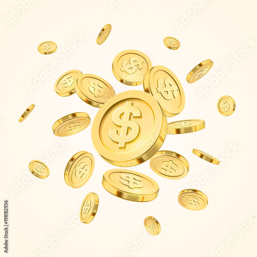 Realistic gold coin explosion or splash on white background. Rain of golden coins. Falling or flying money. Bingo jackpot or casino poker or win element. Cash treasure concept. Vector 3d illustration photo