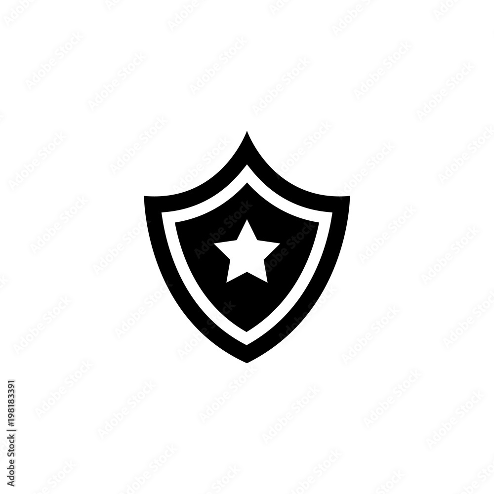 Shield Star. Flat Vector Icon. Simple black symbol on white background