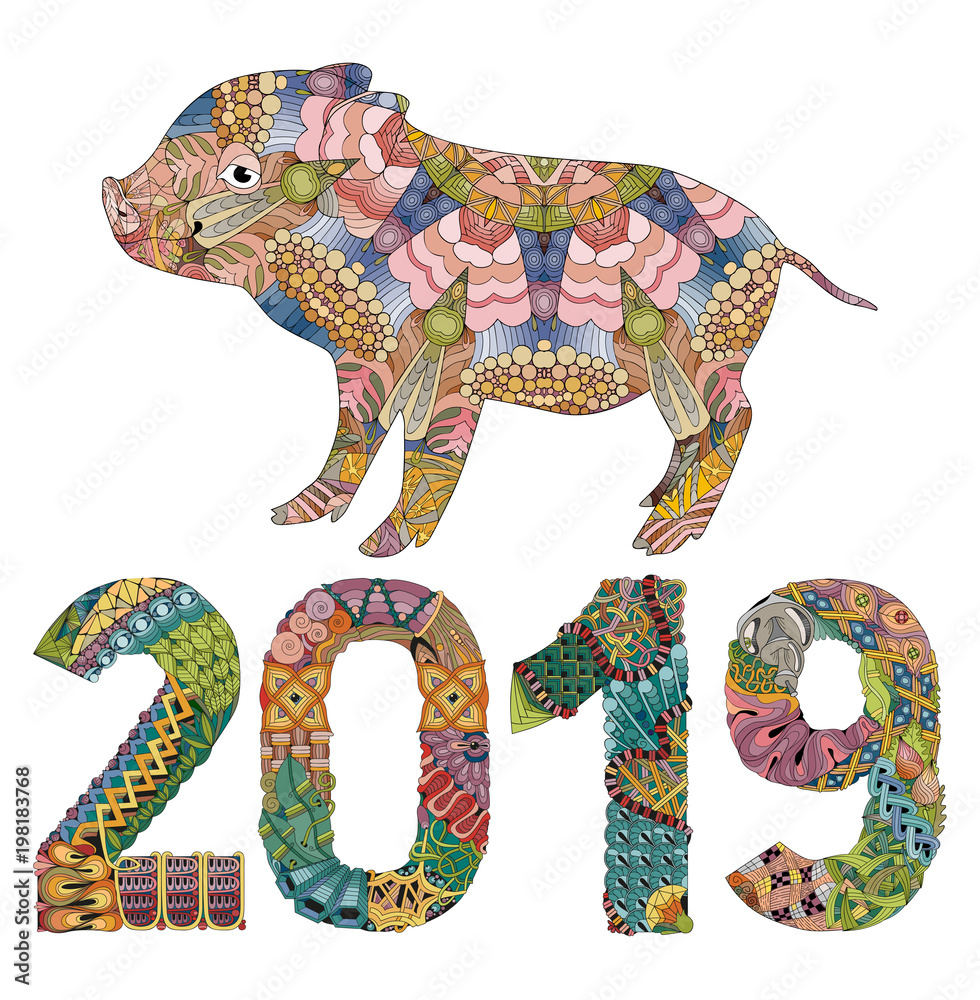 Fototapeta premium Piggy with number 2019 for adults vector