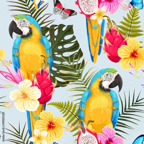 Seamless macaw and flowers