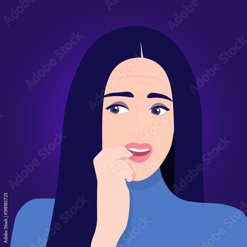 Anxiety and uncertainty. Fears. A woman's face. Stress and fear. Portrait. Vector Flat Illustration