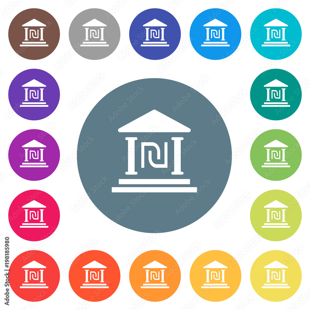 Israeli new Shekel bank office flat white icons on round color backgrounds Israeli new Shekel bank office flat white icons on round color backgrounds
