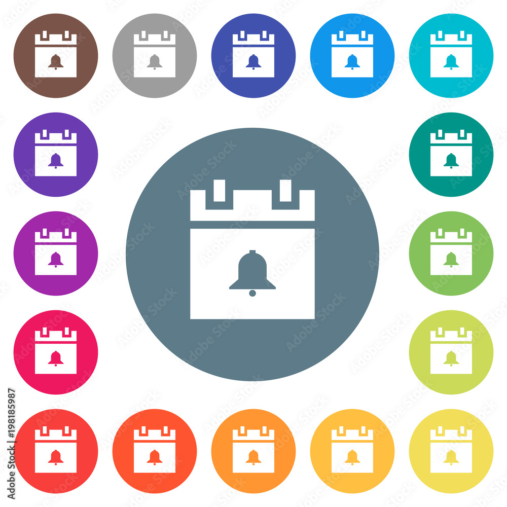 Schedule alarm flat white icons on round color backgrounds Schedule alarm flat white icons on round color backgrounds