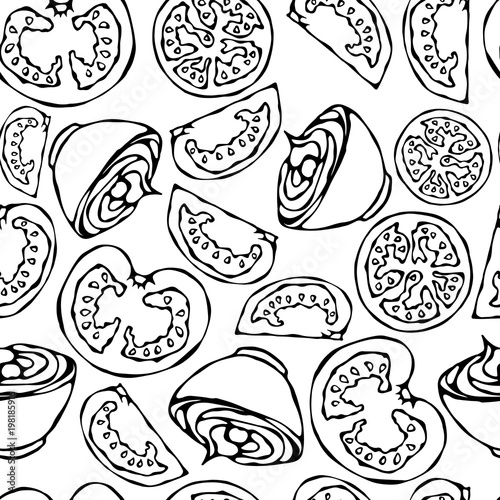 Seamless Endless Background Detailed Slices of Tomato and Bowl of Ketchup Sauce. Cut Tomatoes. Ketchup Logo or Vegetable Salad. Realistic Hand Drawn Vector Illustration. Savoyar Doodle Style.