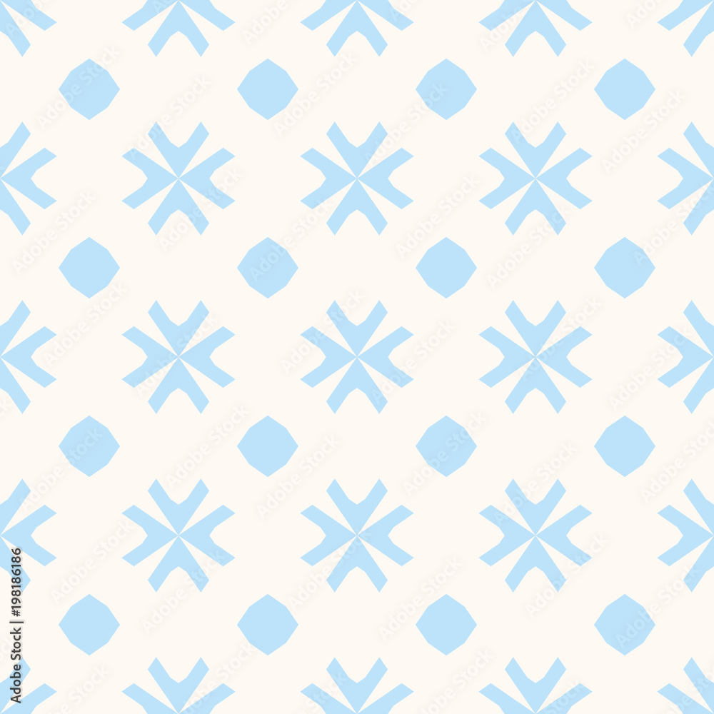Vector geometric blue and beige texture. Abstract minimalist seamless pattern with snowflakes, floral shapes, diamonds. Winter theme background, repeat tiles. Elegant decorative pastel design element