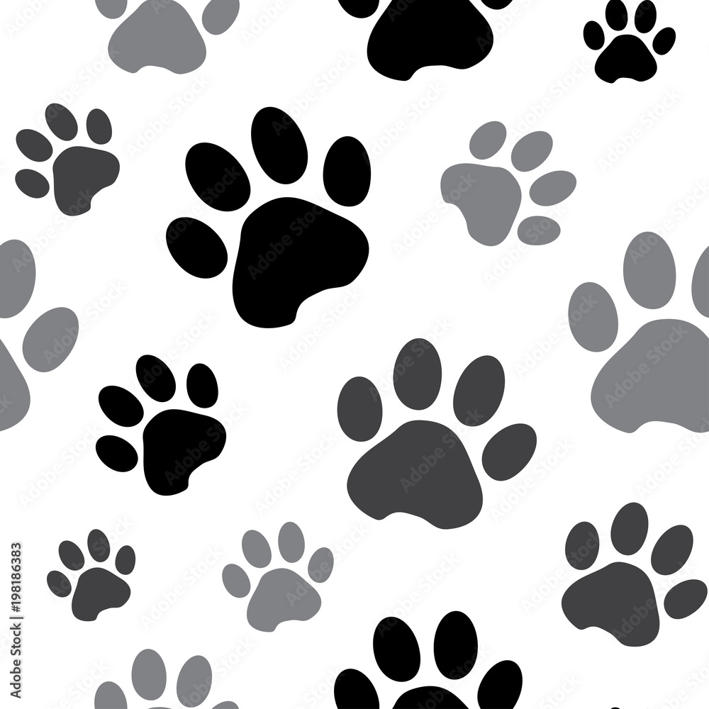 Fototapeta premium Seamless pattern with black and gray silhouette animal paw track isolated on white background. Vector illustration