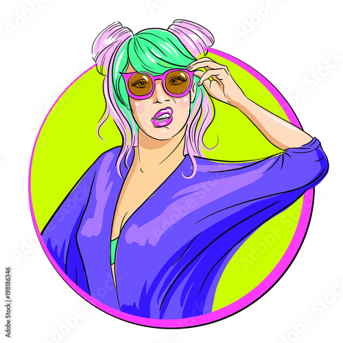 A modern girl with colored hair looks contemptuously through sunglasses, twisting her lips with dissapointment. Cartoon, comics style illustration.