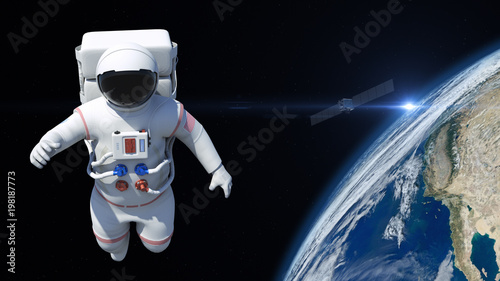 Fototapeta Naklejka Na Ścianę i Meble -  Astronaut is flying over the planet Earth. Astronaut pushing the boundaries of exploration.