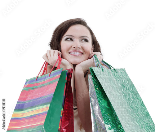 beautiful young woman with shopping.isolated on white
