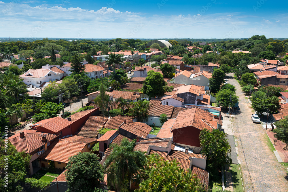 Elevated view of a residential neighborhood in Asuncion, the capital of  Paraguay, with traditional spanish style houses.