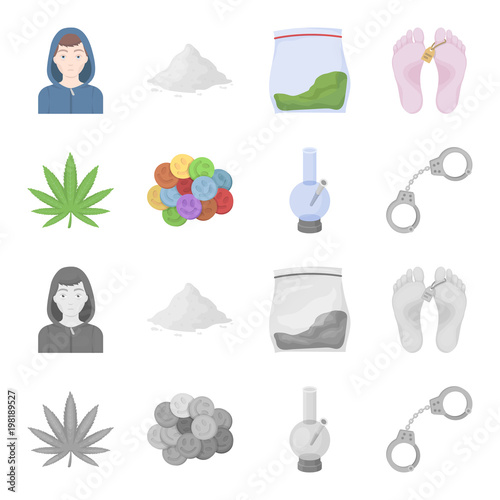 Hemp leaf, ecstasy pill, handcuffs, bong.Drug set collection icons in cartoon,monochrome style vector symbol stock illustration web.