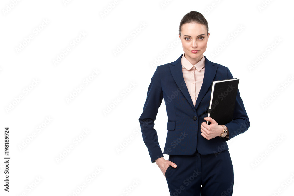 stylish adult businesswoman with notebook looking at camera isolated on white stylish adult businesswoman with notebook looking at camera isolated on white