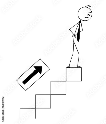 Cartoon stick man drawing conceptual illustration of confused businessman standing on end of stairs but still not on top. Business concept of success, career and failure.