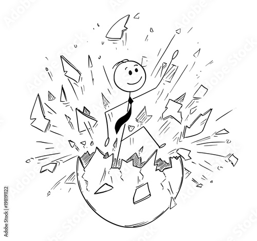 Cartoon stick man drawing conceptual illustration of businessman born from egg. Business concept of education and career.