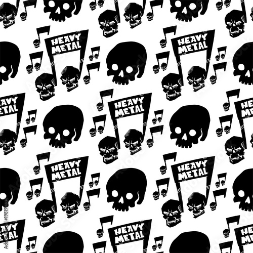 Heavy rock music badge vector vintage label with punk skull seamless pattern background hard sound sticker emblem illustration