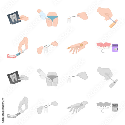 Anesthetic injection, dental instrument, hand manipulation, tooth cleaning and other web icon in cartoon,monochrome style.bactericidal plaster, medicine icons in set collection.