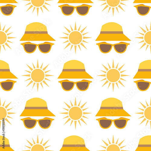 Beach accessories summer hats vector sun fashion beach travel beautiful head protection cap seamless pattern background.