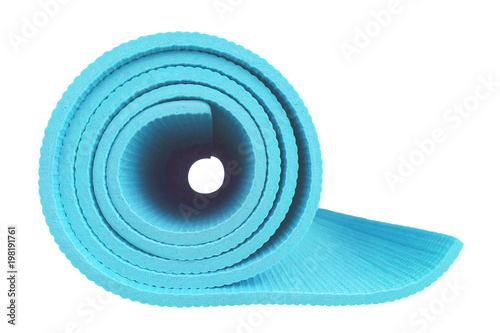 Half rolled yoga mat isolated on white background. Fitness and health. Yoga and pilates. Exercise equipment.