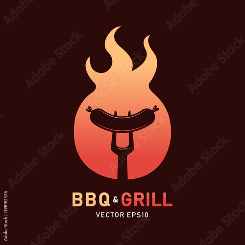 Fork and sausage silhouette with grill flame behind vector illustration