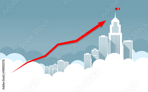 Business graph. Red Arrow. On background business city center with skyscrapers and large buildings.