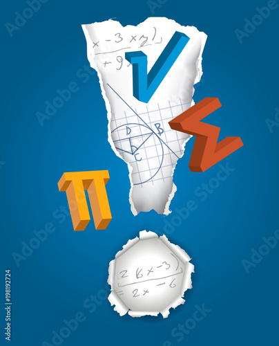 Exclamation mark with math symbols. 
Mathematics symbols inside the Exclamation mark on the blue background. Vector illustration. 