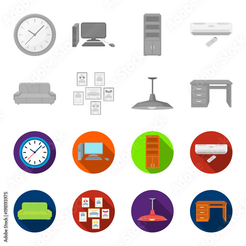 Comfortable sofa, letters and diplomas within the framework, an office ceiling lamp, a desk with drawers. Office Furniture set collection icons in monochrome,flat style vector symbol stock