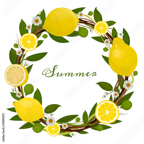 Lemon with leaves wreath round, summer. Vector