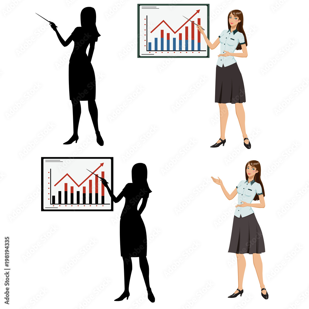 woman showing presentation. Set of four illustrations woman showing presentation. Set of four illustrations
