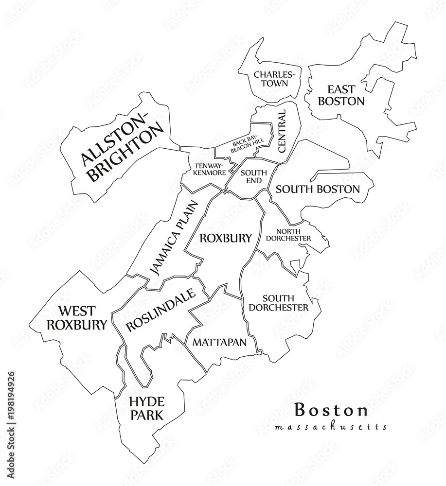 Map Of Boston And Surrounding Towns Modern City Map - Boston Massachusetts City Of The Usa With Boroughs And  Titles Outline Map Stock-Vektorgrafik | Adobe Stock